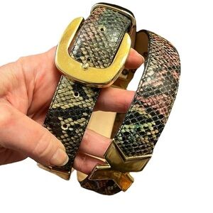 Vintage Elite Fresno CA  Multi Color Snake Print Leather Belt Gold Hardware, XL